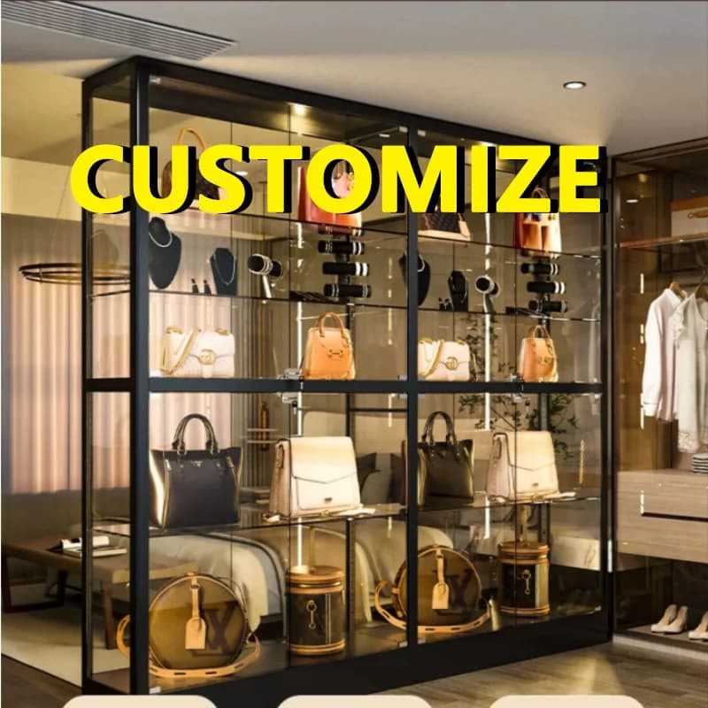 Freestanding Tempered Glass Display Cabinet LED Light Large Space Toy Storage Aluminum Frame Dust Modern Home Figure Showcase