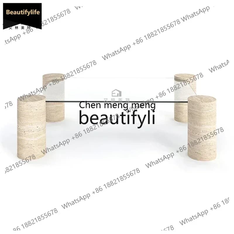 Y183Natural Roman cave stone square tempered glass coffee table designer living room high-end coffee tableQQQ