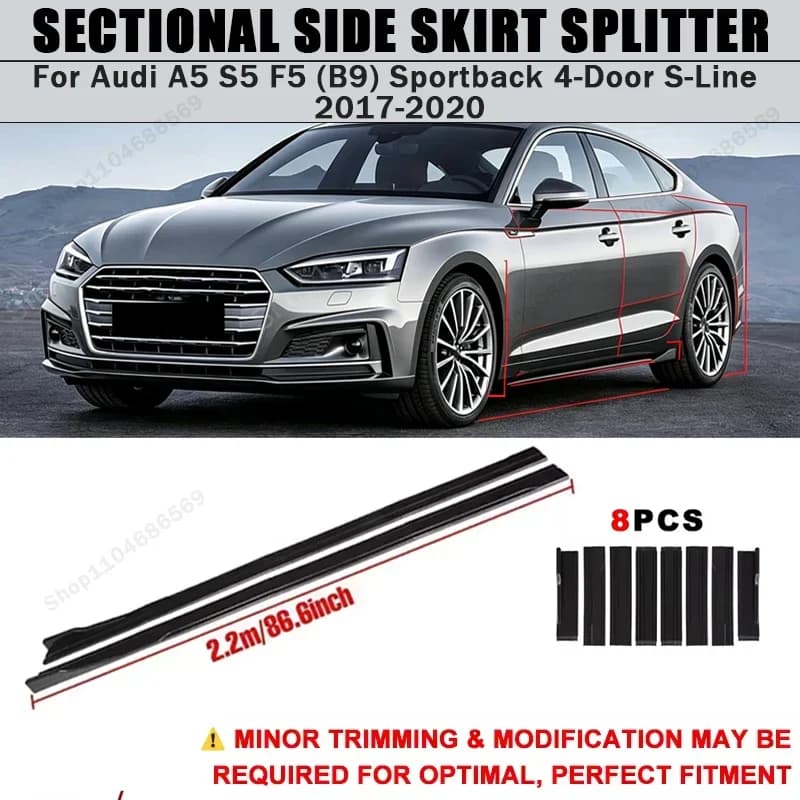 For Audi A5 S5 F5 (B9) Sportback 4-Door S-Line 2017-2020 Side Skirts Extension Rocker Panel Splitter 86.6" ABS Plastic Body Kit