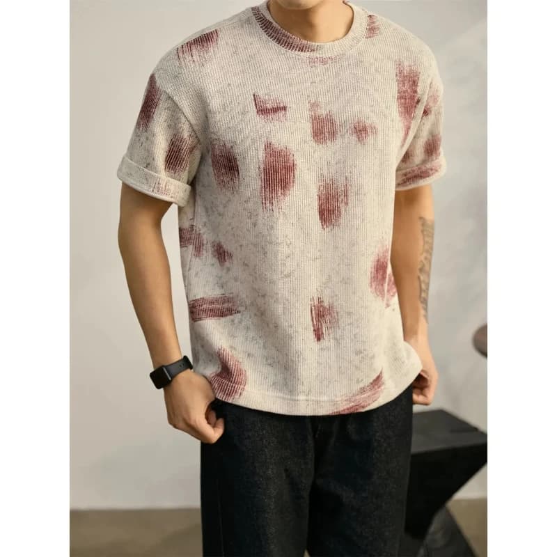 Urban Casual Knit T-Shirt With Hand Painted Pattern Soft Comfortable Daily Wear Men's Short Sleeve Round Neck Top