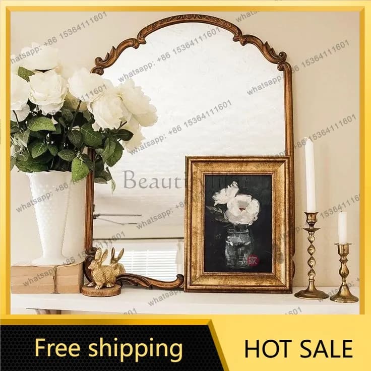 LS French toilet bathroom mirror retro carved home toilet wall hanging arched vanity mirror
