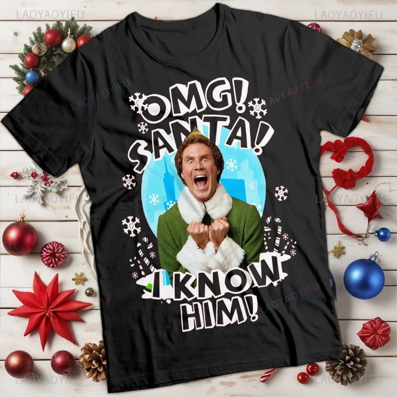 Funny Mens and Women Elf Santa Christmas T-Shirt Christmas Printed T-shirt Top Hot Sale Unique Cute Tops New Style Short-sleev