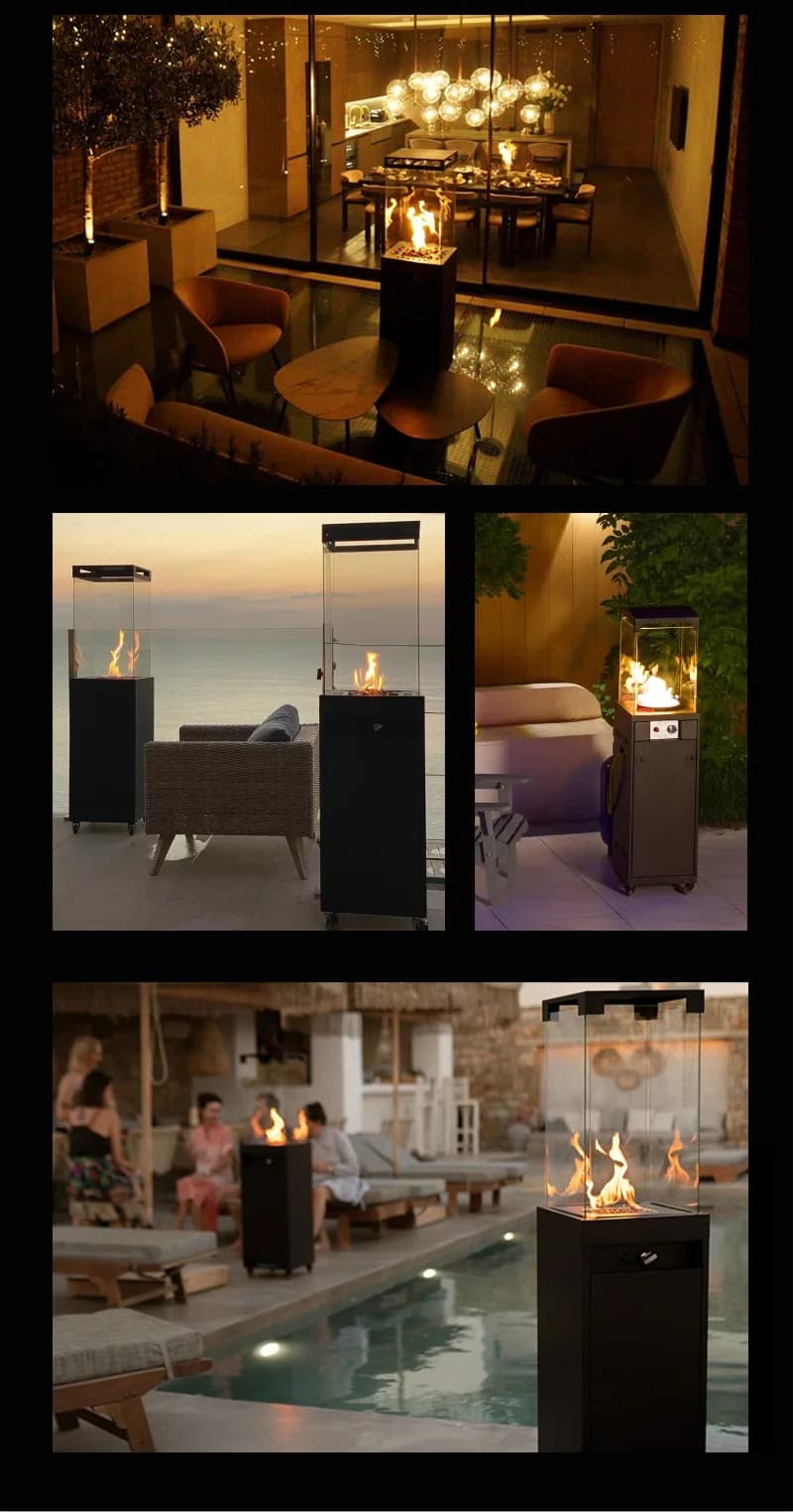BSCI ISO9001 Factory Direct Sales Stand Portable LPG 14kW Gas Patio Heater Garden Terrace Square Shape Gas Fireplace CE Approved