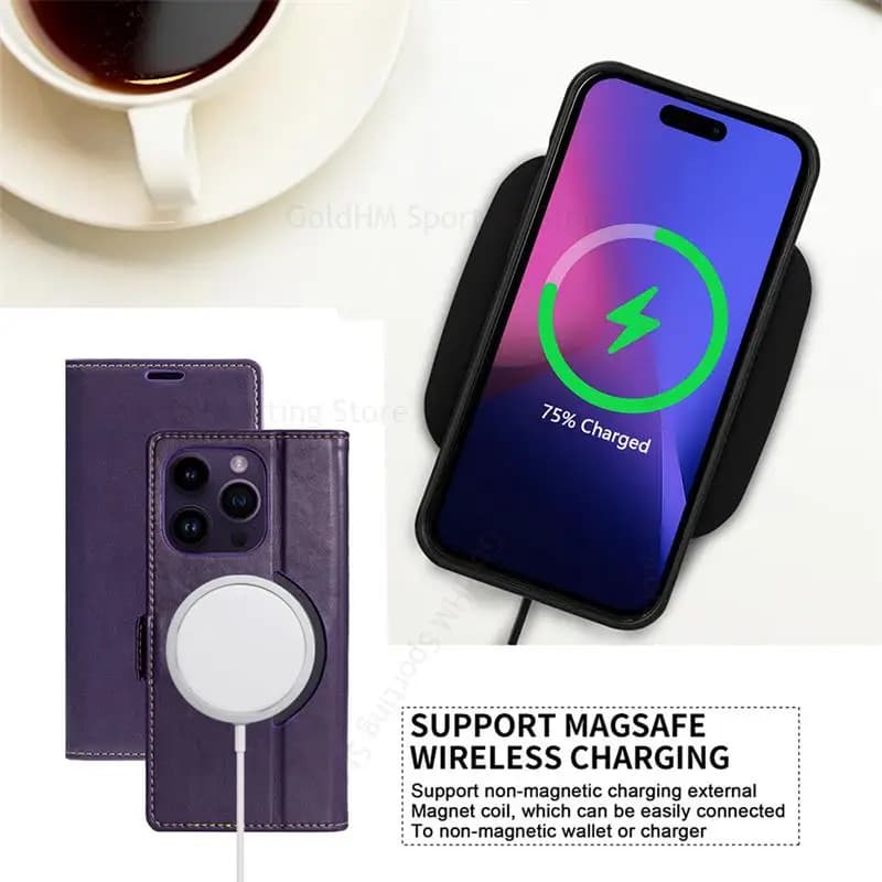 Leather Case For iPhone 17 Pro Max Wireless Magnetic For Magsafe Case For Apple 16 13 12 15 14 17 Pro Max Flip Card Wallet Cover