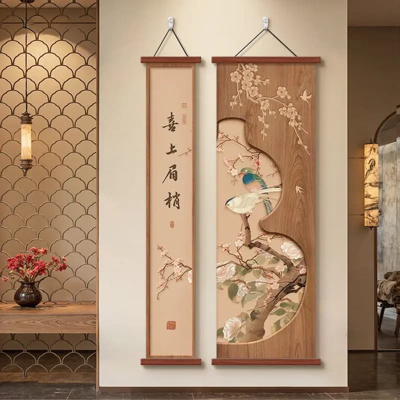 Aesthetic Vertical Bird Diptych, "Happiness Magpie" Wall Art Set, Home Decor for Narrow Hallway, Entryway, Staircase & Corridor