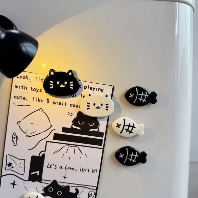 6pcs Cute Kitten Fridge Magnets Compatible for Refrigerator Freezer - Black White Cat Magnetic Decorations with Kitty Paw Prints