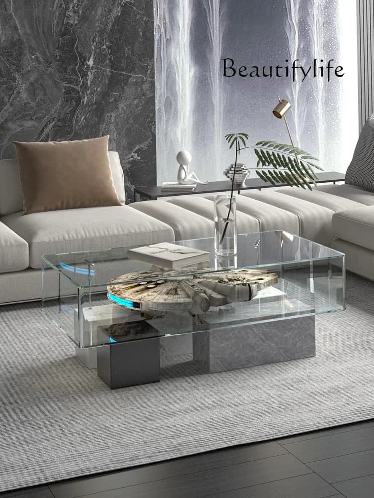 09Italian modern minimalist glass coffee table small apartment light luxury marble coffee table display cabinet