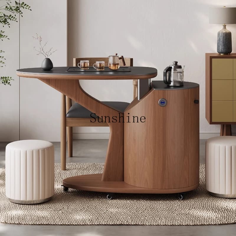 Medieval style pure black rock plate tea car side few tea brewing integrated movable modern tea dining car