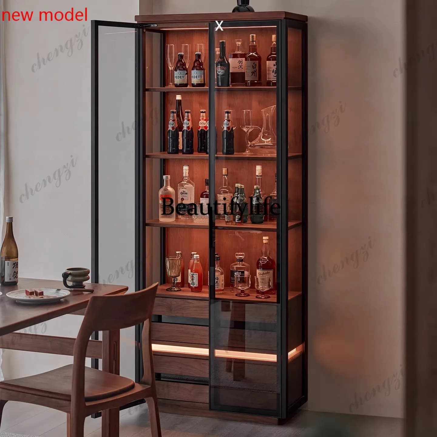 DD182Solid wood display B wine cabinet, living room against the wall, large-capacity glass door display, locker