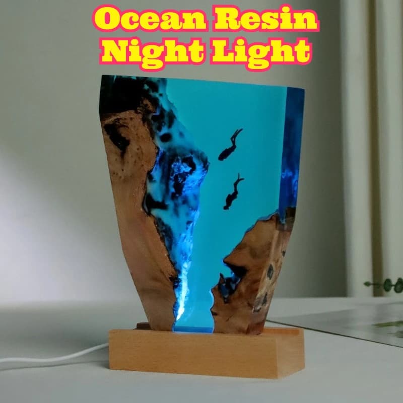 Handmade Creative Solid Wood Resin Ambient Light Ocean Free Diver Desk Ornament Deep Sea Exploration Commemorative Night Light
