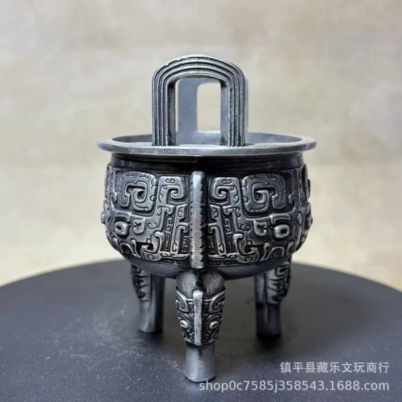 Antique-style silver-plated three-legged round with Taotie pattern, copper incense burner, square cauldron for b