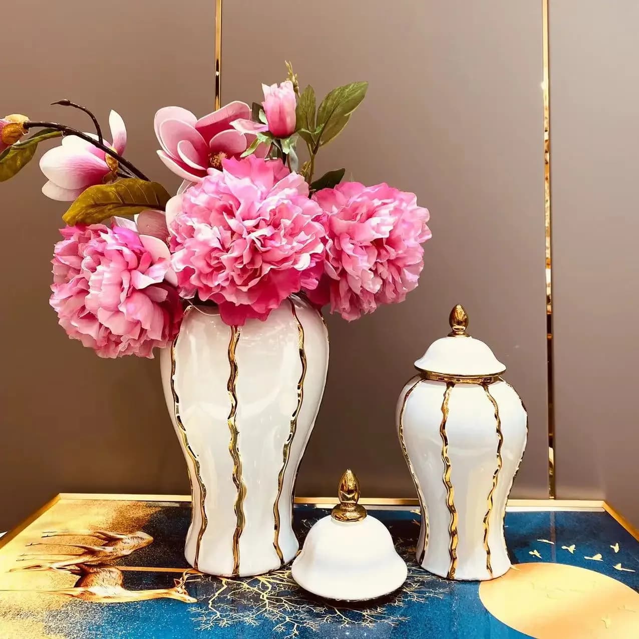 Ceramic General Jar Electroplated Gold Plaid Artwork Storage Jar Home Decor Hotel Display Vase Dry Dried Flowe Vase With Lid