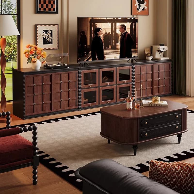 French retro solid wood TV combination cabinet against the wall audio-visual cabinet large-capacity storage cabinet