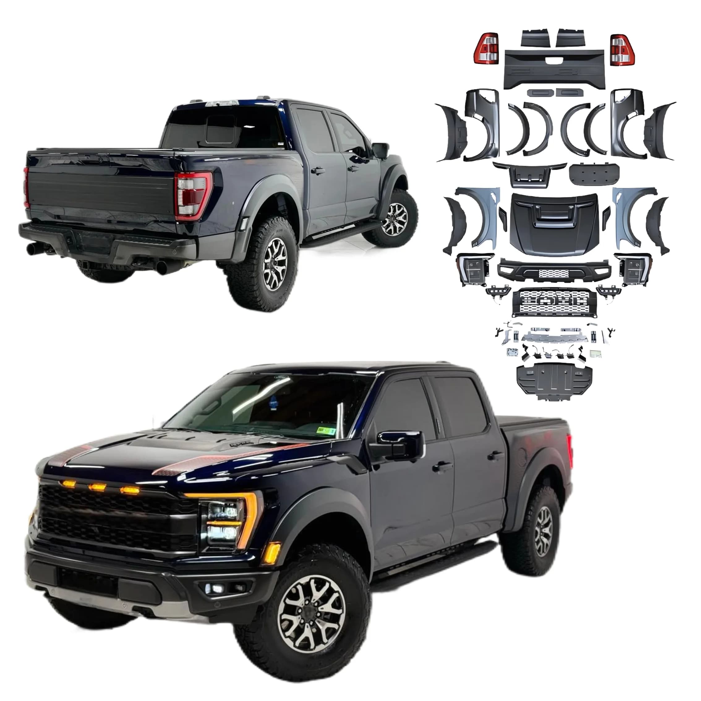 High Quality Auto Parts for Fo-rd Ranger T6 T7 T8 2012-2021 Upgrade to 2022 F150 Raptor Bumper with Grille Hood Fender Headlight