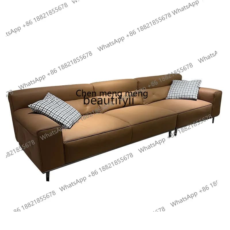 Sofa Genuine Cattlehide Leather Surface down Soft Three-Seat Straight Row Sofa Combination Italian Minimalist Large Apartment