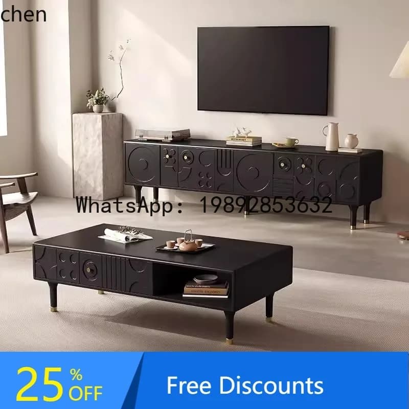BF  Carved Solid Wood TV Cabinet Coffee Table Storage Living Room Natural Wood Storage Cabinet