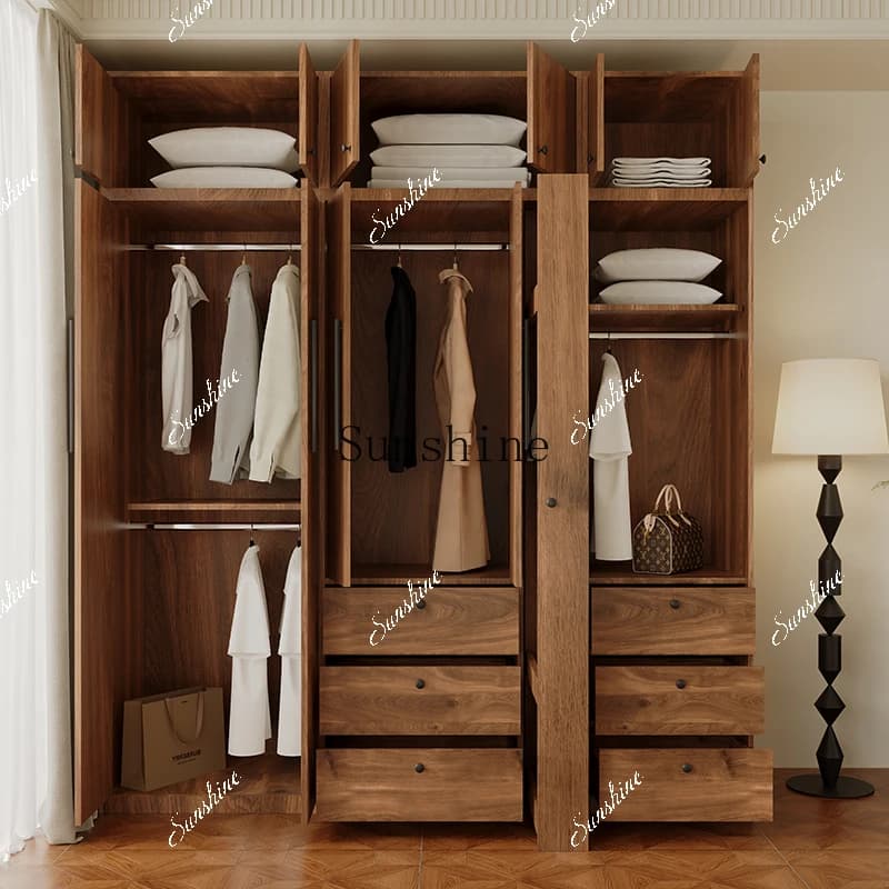 Simple new Chinese solid wood wardrobe large capacity bedroom with mirror facing the door  FT