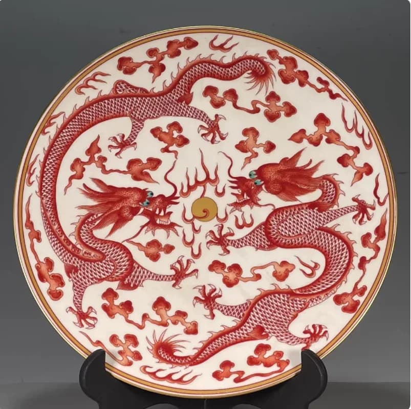 10.2'' Chinese Qing Dynasty Qianlong Porcelain Red Dragon Pattern Plate Dish