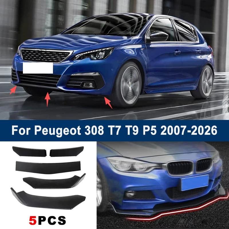 Adjustable 5Pcs Sectional Front Spoiler Lip For Peugeot 308 T7 T9 P5 2007-2026 Front Bumper Splitter Car Exterior Sport Body Kit