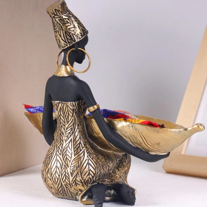 African Girl Holding a Plate Sculpture, Home and Office Decorative Storage Ornament, Vintage Collectible Craft Deskt Decor