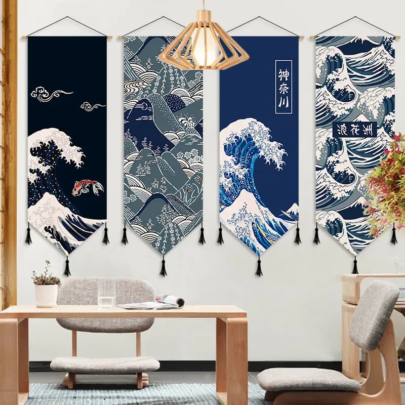 Japanese Ukiyo-e Fabric Tapestry Wall Hanging - Aesthetic Room Decor for Sushi Restaurant & Bedroom Headboard Background