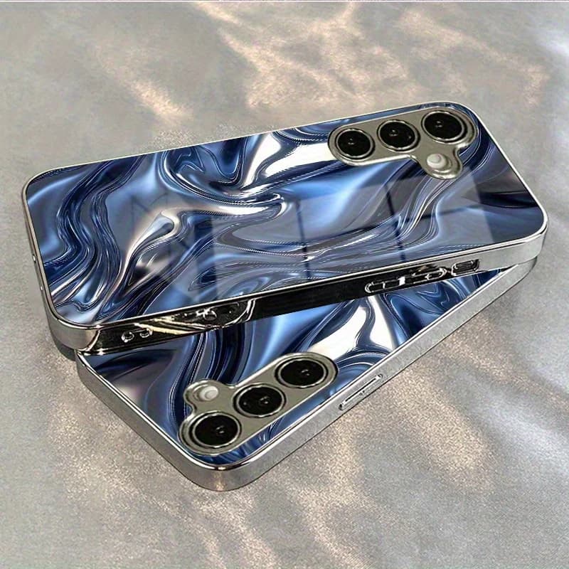 Flashing blue and silver electroplated glass design business phone case, suitable for Samsung Galaxy S26/S25/S24/S23/S22/S21 etc