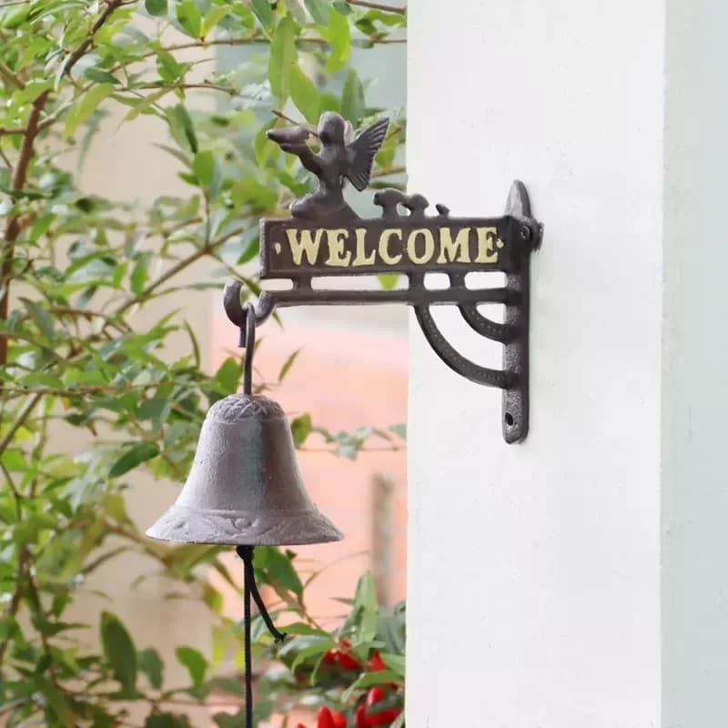 Black Angel Hand Cranking Welcome Cast Iron Wall Bell With Gold Signs European Outdoor Garden Decor Metal Items Double-sided