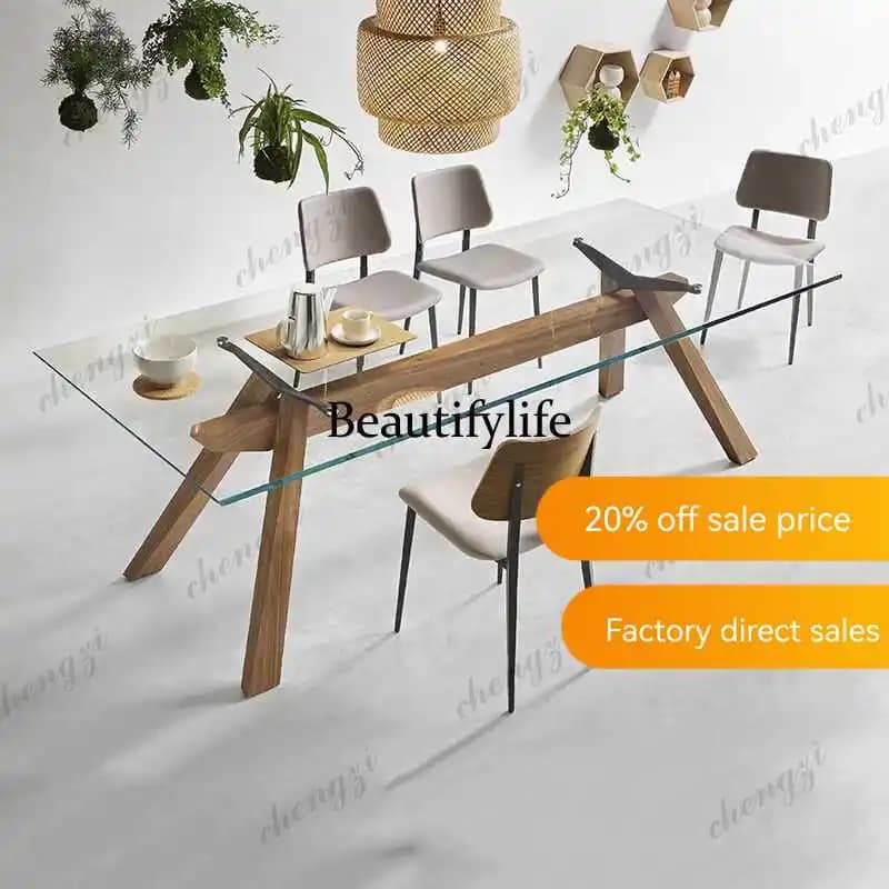 JJ132 Italian modern minimalist creative walnut dining table tempered glass desk desk