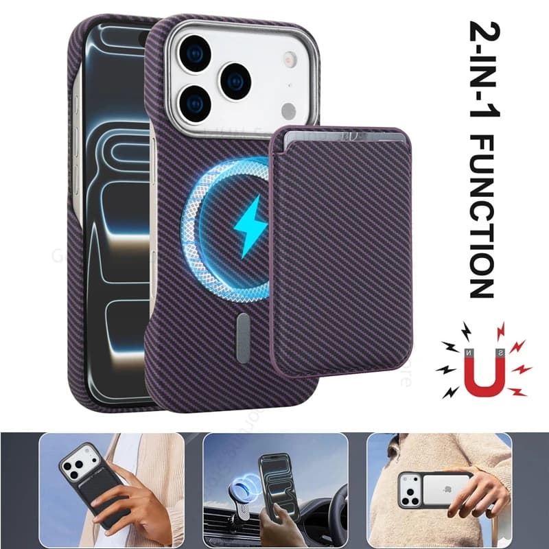 Kevlar Texture Magnetic ID Card Slot Split Case For iPhone 17 Pro Max For Magsafe Wallet Cover For Apple 17 Air 14 15 16 Pro Max