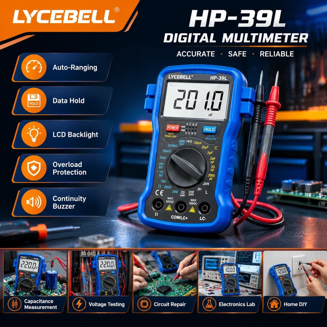 HoldPeak 39L Digital LCR Meter Resistance Capacitance Inductance Tester Transistor hFE Backlit LCD Auto Power Off
