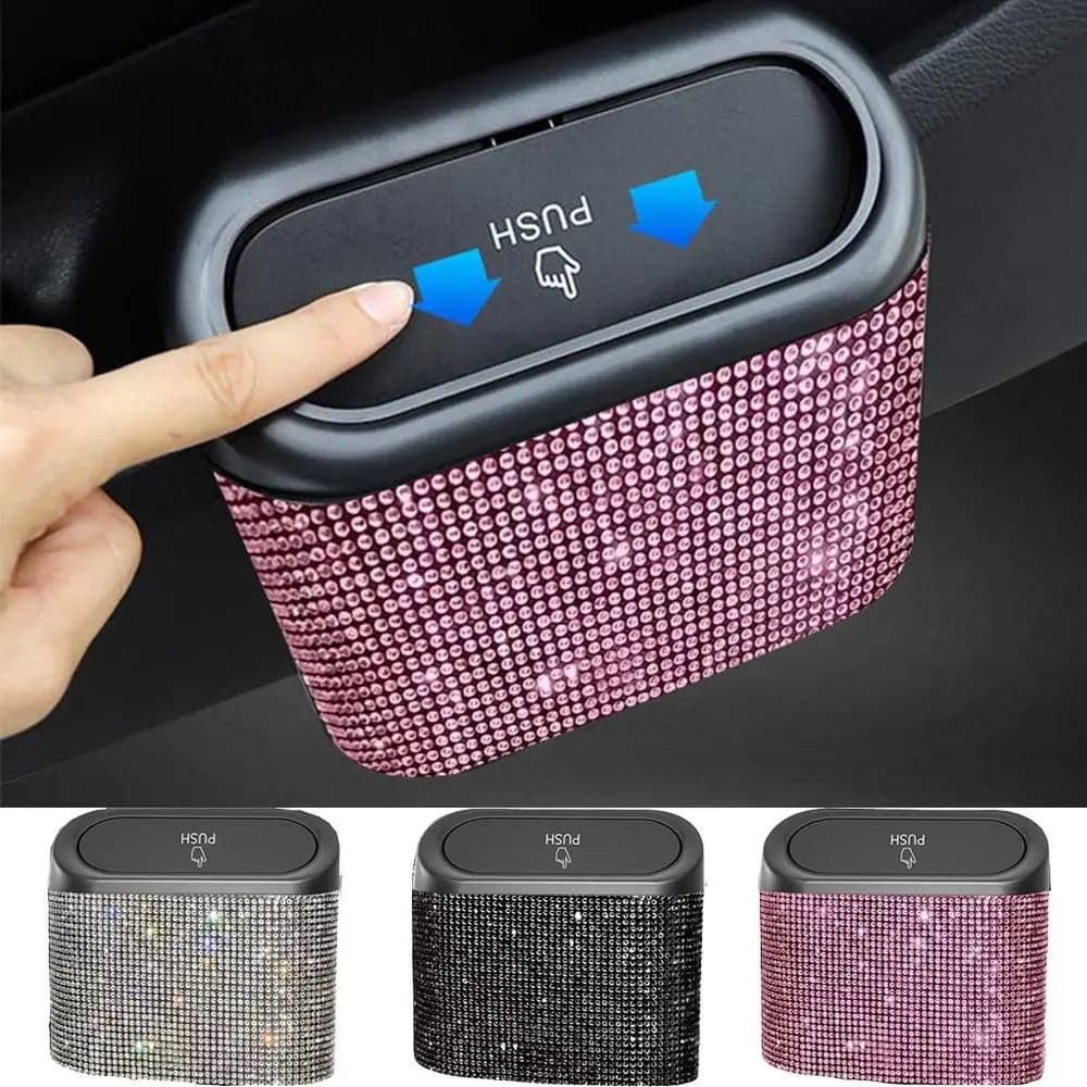 Bling Rhinestones Car Door Trash Bin Removable Back Clip Vehicle Hanging Dust Case Waterproof Pressing Type