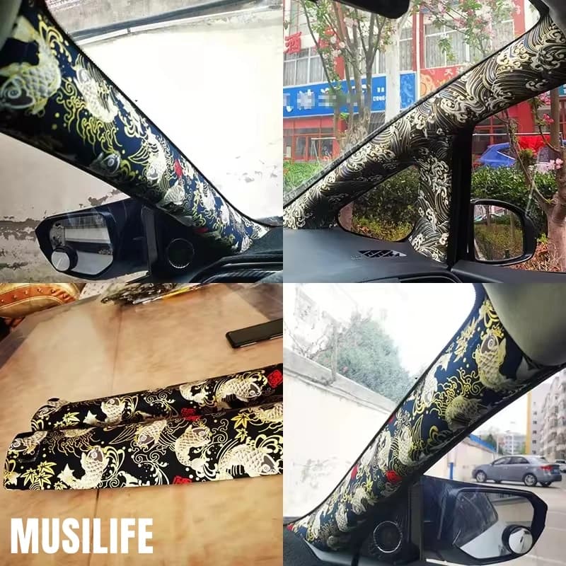 Koi Carp Sea Waves Embroidery Self-adhesive Cloth Car Interior of AB Pillar Stickers Auto Upholstery Renovation Adhesive Fabric