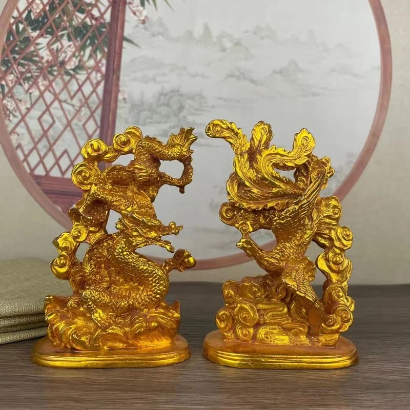 Gilt alloy copper dragon and phoenix ornaments, auspicious dragon and phoenix, wedding gift, phoenix and dragon home decoration