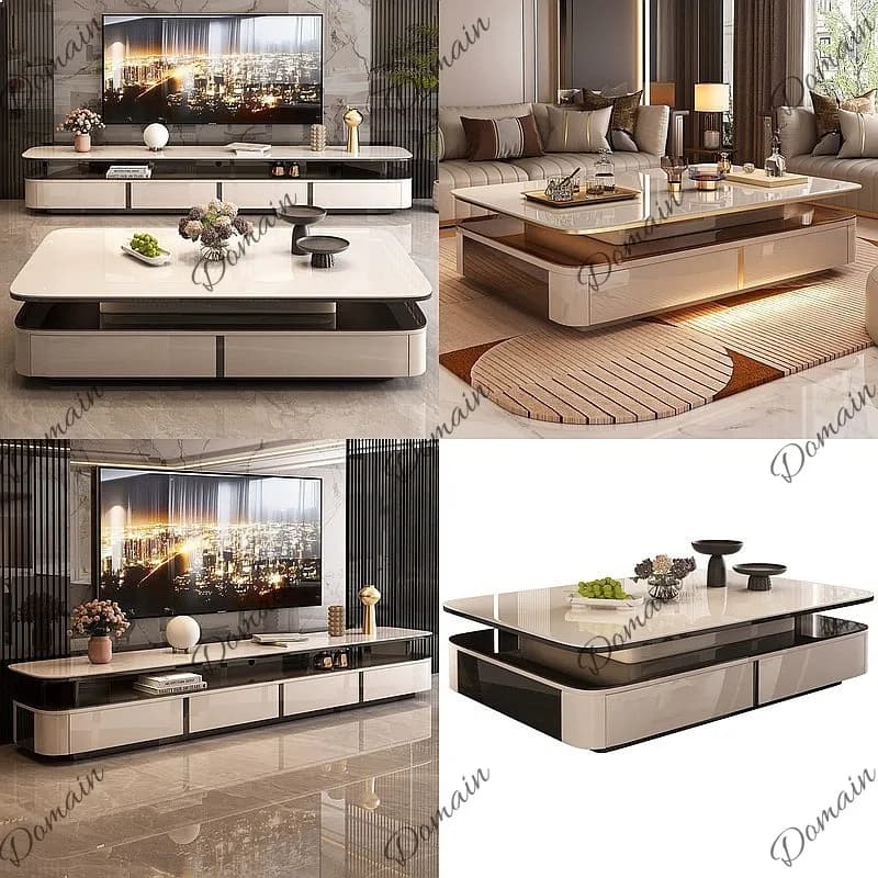 Italian Modern Minimalist Coffee Table for Small Living Room, Slab Top 45cm High, Vintage Black Double Layer Side Cabinet