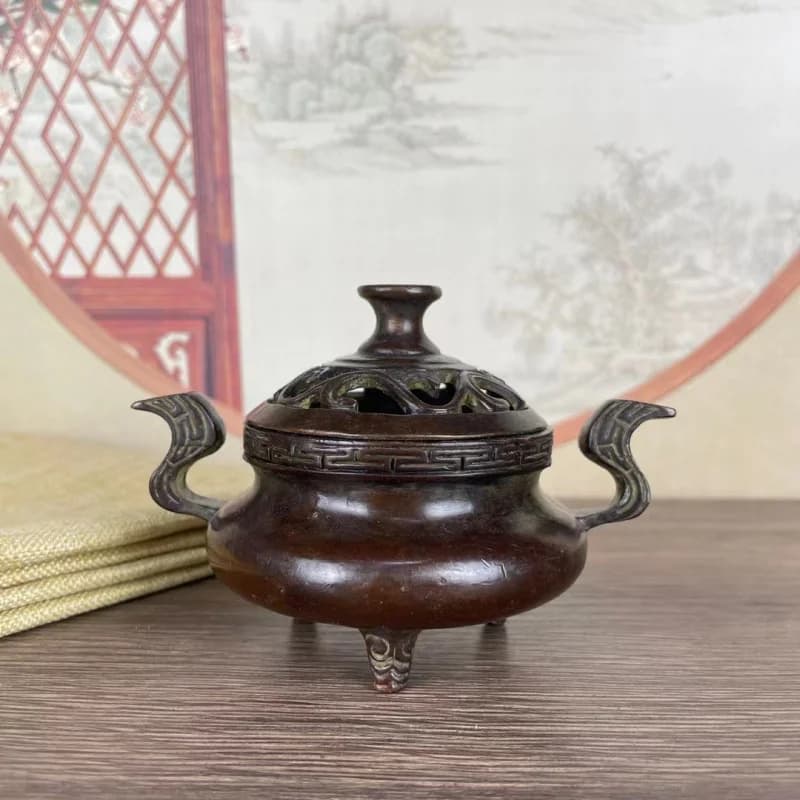Copper-plated , sandalwood disc , three-legged incense burner, home indoor vintage tea ceremony agar