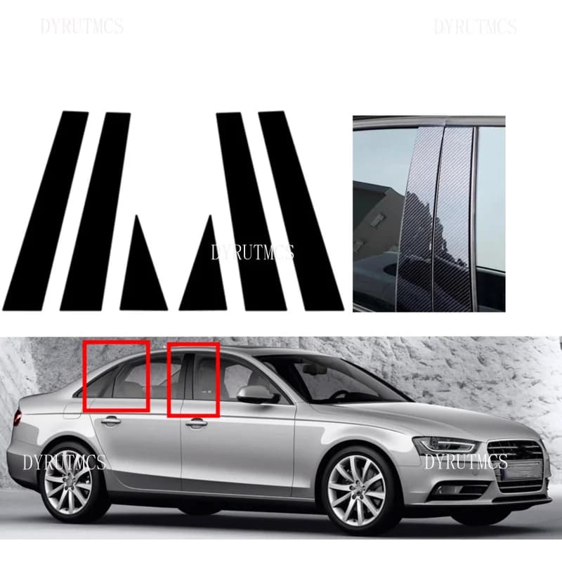 6Pcs Gloss Black Pillar Posts Fit For Audi A4 B8/8K 4-door Saloon/Sedan 2008-2016 Door Window Decal Cover Silver Carbon