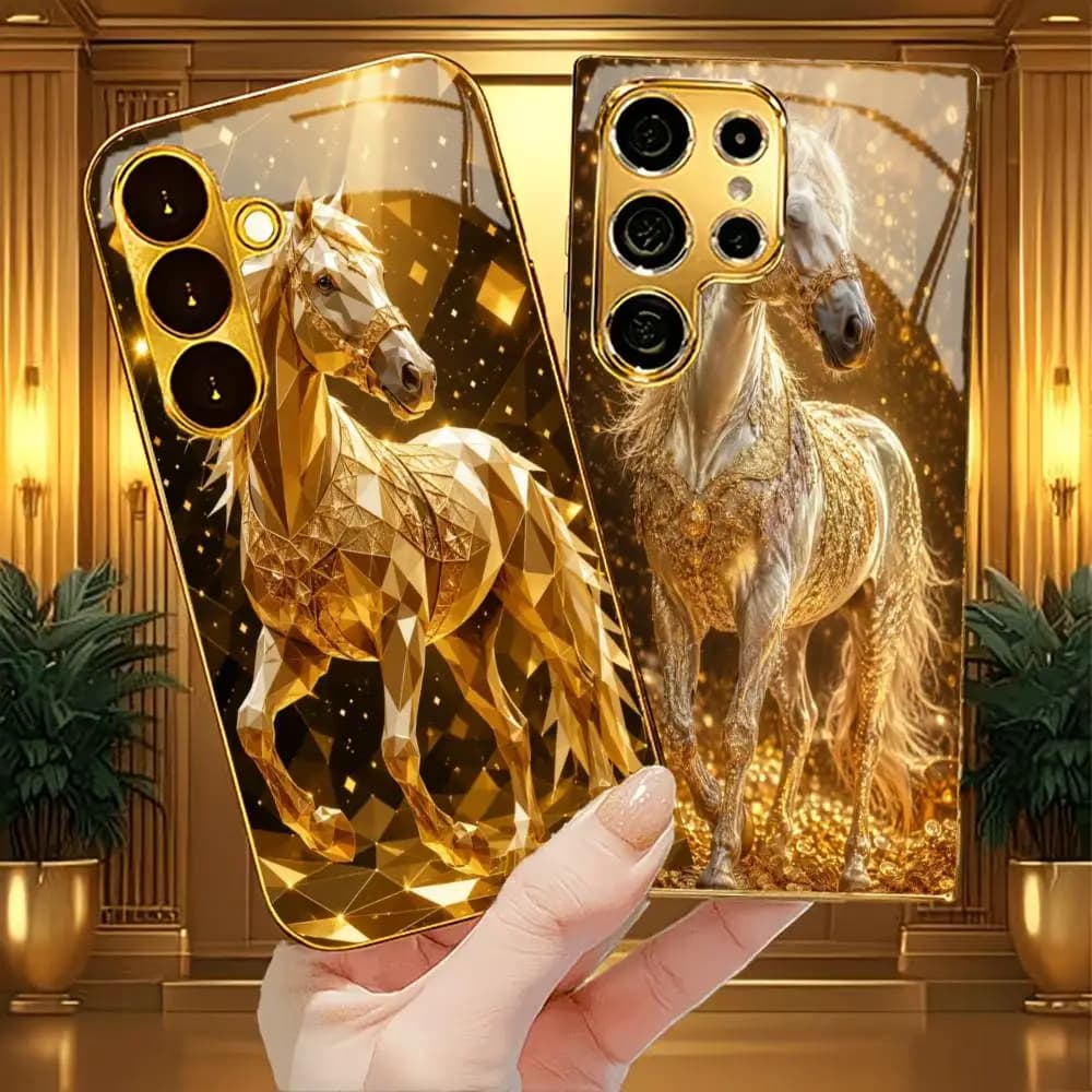 Electroplated Gold Shockproof Phone Case For Samsung Galaxy S26/S25 Edge/S24/S23 FE Ultra Featuring Lucky Golden Horse Design