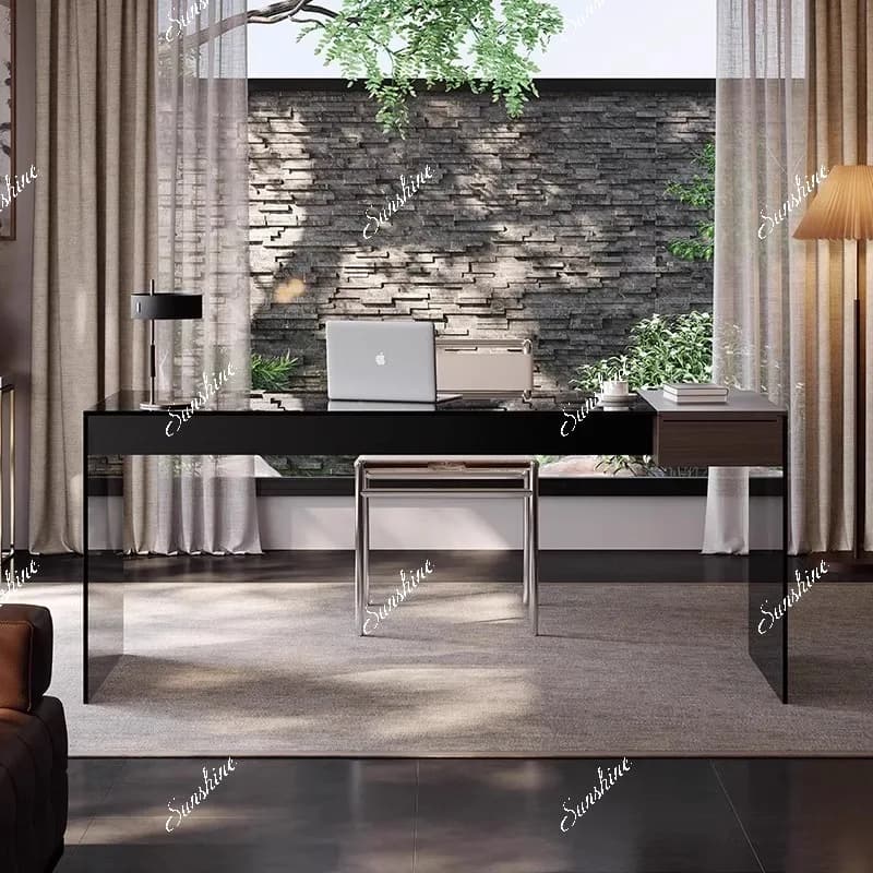 Modern minimalist desk grey tempered glass rectangular table with drawers
