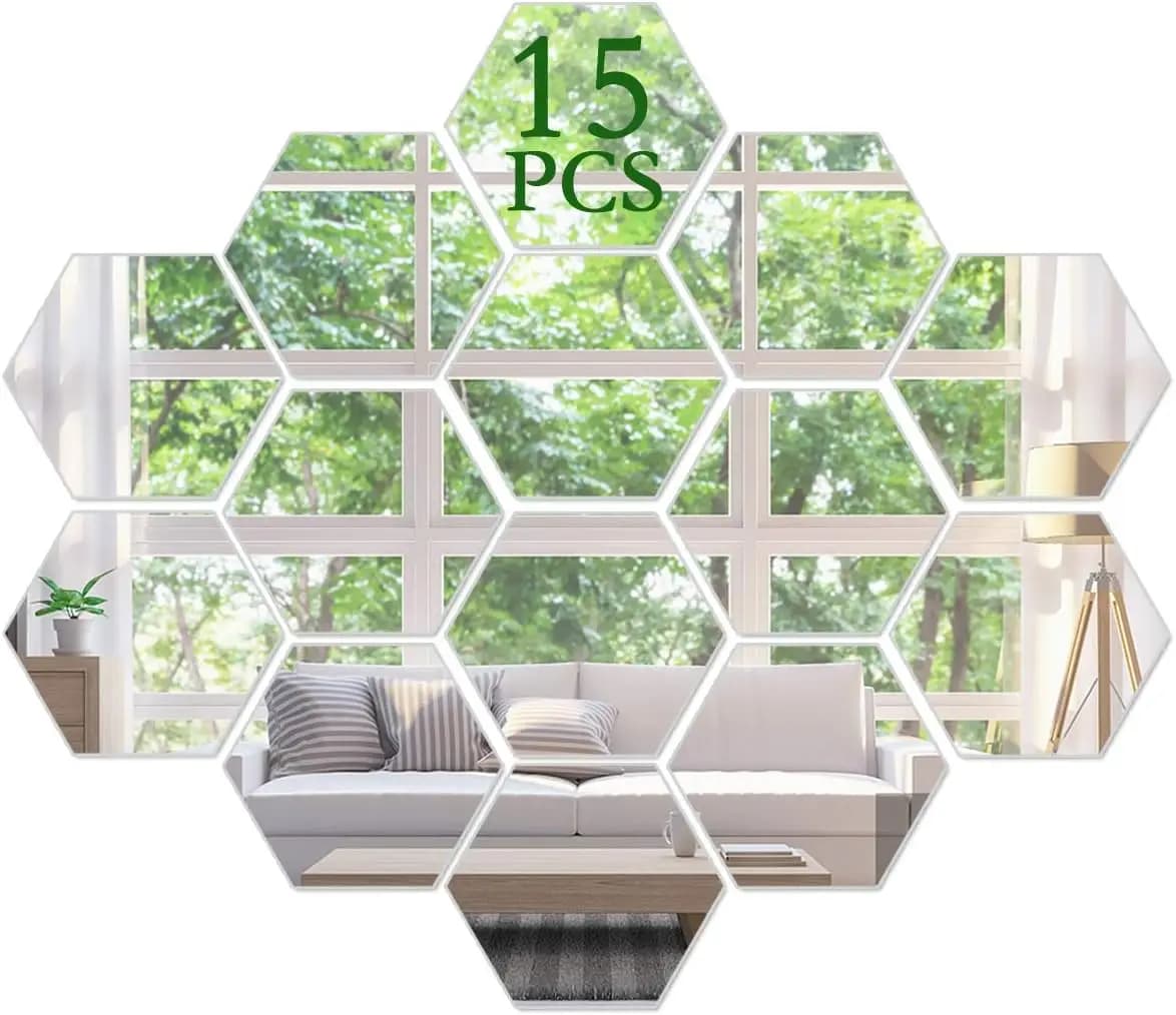 3D hexagonal acrylic mirror wall decoration with self-adhesive backing set of 15 tiles