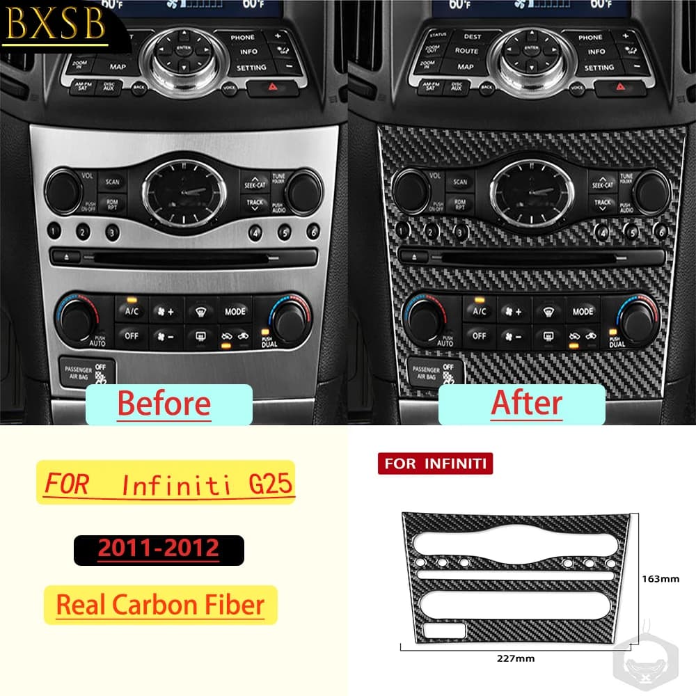 For Infiniti G25 2011–2012 Car Console CD AC Switch Panel Frame Trim Real Soft Carbon Fiber Interior Accessories Stickers