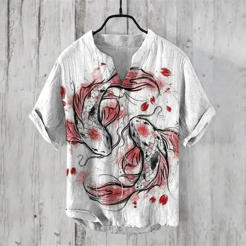 New 3D digital 3-button stand up collar short sleeved shirt for casual summer, oversized T-shirt
