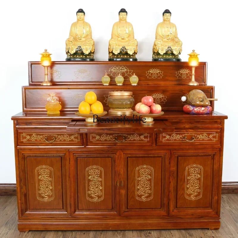 LJYLXSolid Wood Altar Buddha Shrine Household Tibetan Furniture Buddha Worship Three Layers Buddha Cabinet