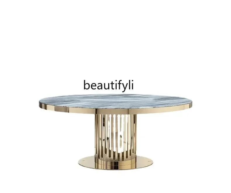 CC1820Light Luxury Imported Blue Gold Sand Marble round Table High-End Large Apartment Dining Tables and Chairs Set