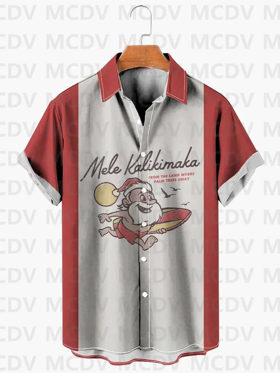 Men's Hawaiian Shirts Christmas Santa Surfing Short Sleeve Casual Shirt