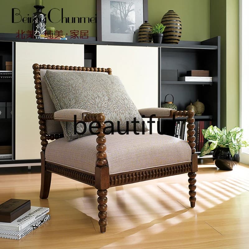 American retro single sofa solid wood chair household small apartment balcony leisure lazy chair