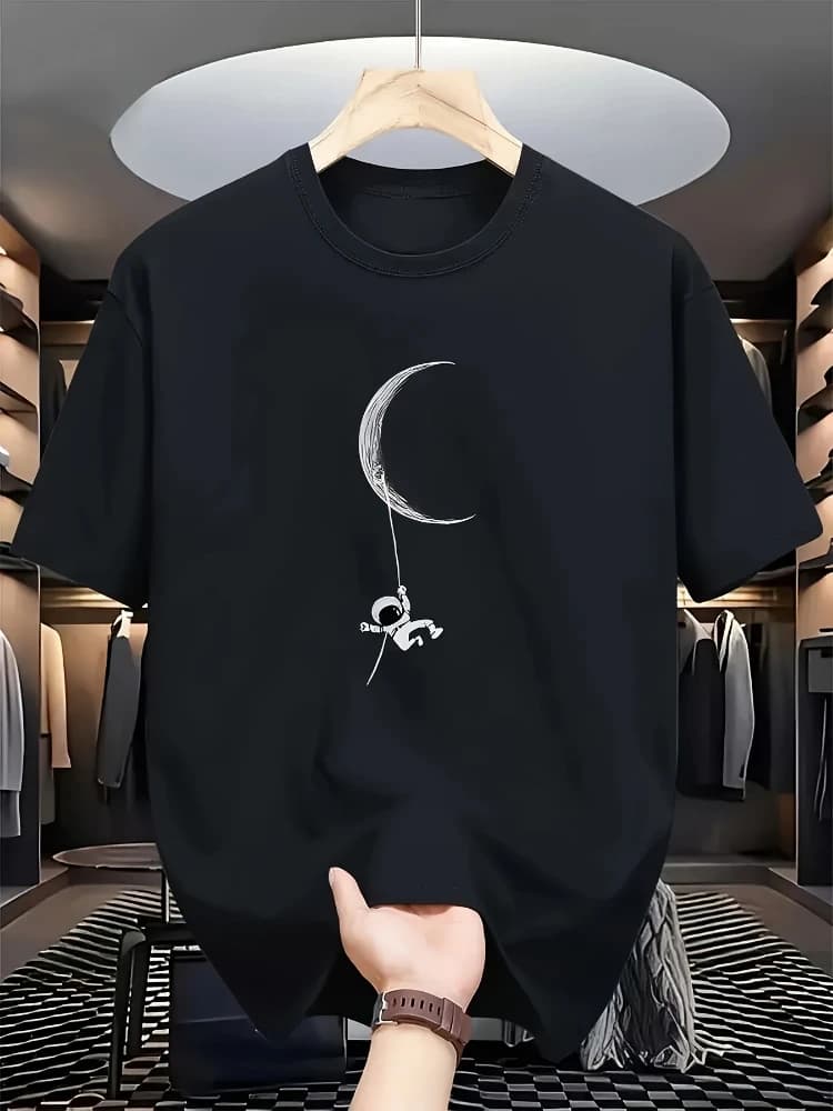 with Moon & Stars design -100% cotton summer O-neck short sleeve casual printed T-shirt.