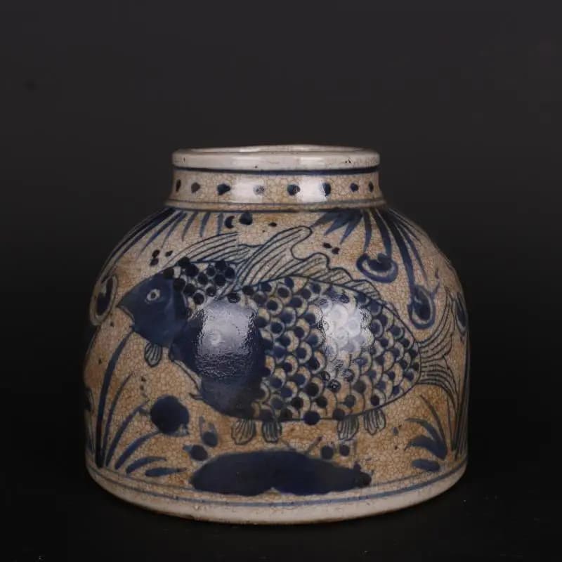 4.92" Chinese Blue and White Porcelain Jar Ming Jiajing Fish Pattern Pot Decor