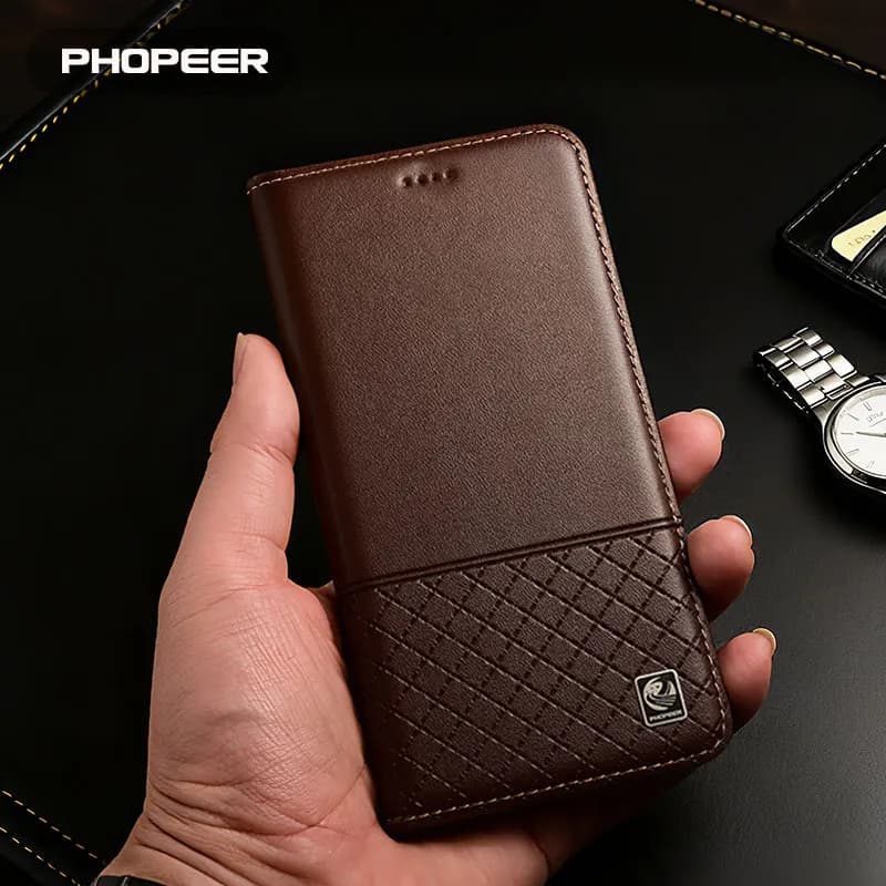 Luxury Genuine Leather Phone Case For Xiaomi Poco X Series - X8 X7 X6 X5 X4 X3 Pro Nappa pattern with square mesh underneath