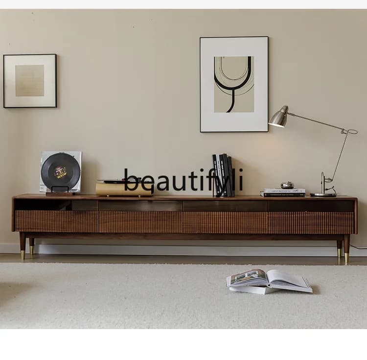 yj58 Black walnut solid wood TV cabinet Modern simple style tall TV cabinet