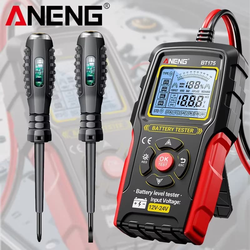 ANENG Rapid Detection Car Battery Tester No Power Required With Insulated Alligator Clip BT175+B05 Screwdrivers Electric Pen